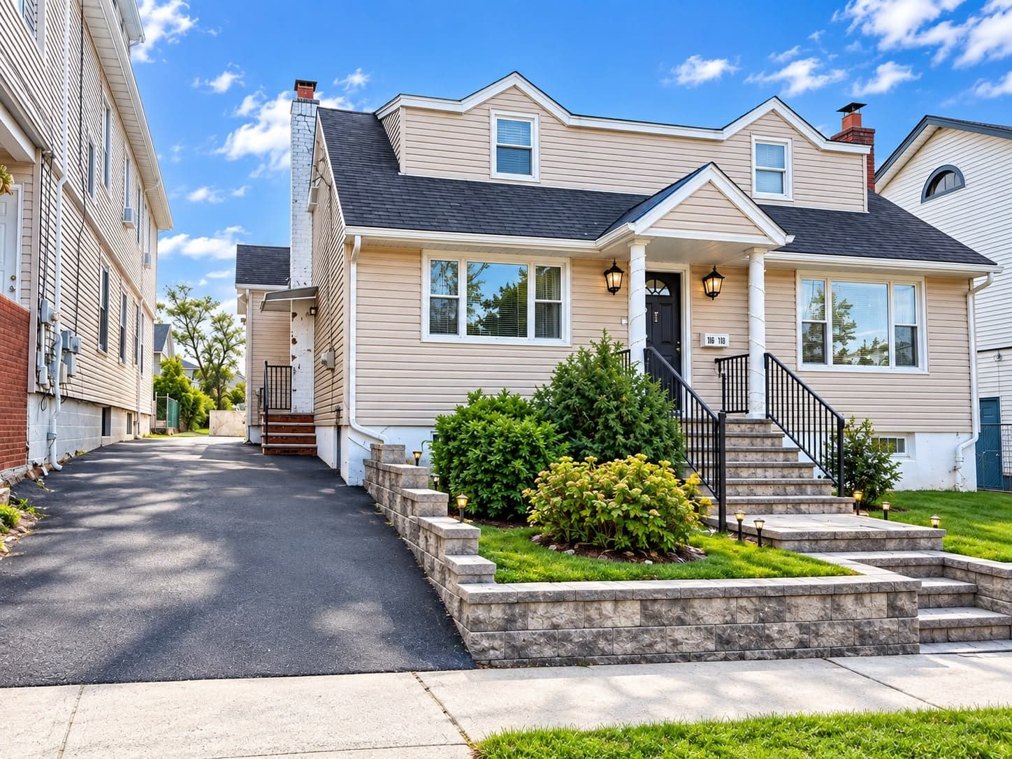 Cape Cod house with beige siding, a covered front entry, a stone retaining wall and a driveway